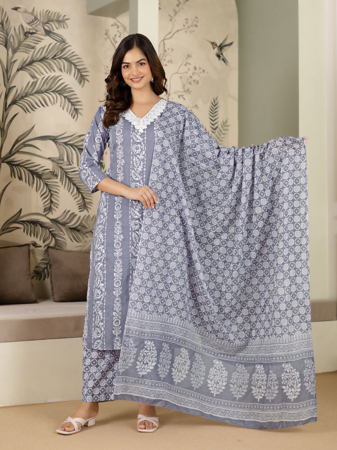 Grey Pure Cotton Ethnic Motif Printed Kurta Pant with Dupatta Set For Women's Trendmalls