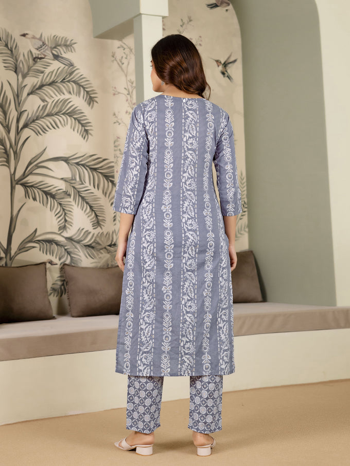 Grey Pure Cotton Ethnic Motif Printed Kurta Pant with Dupatta Set For Women's Trendmalls