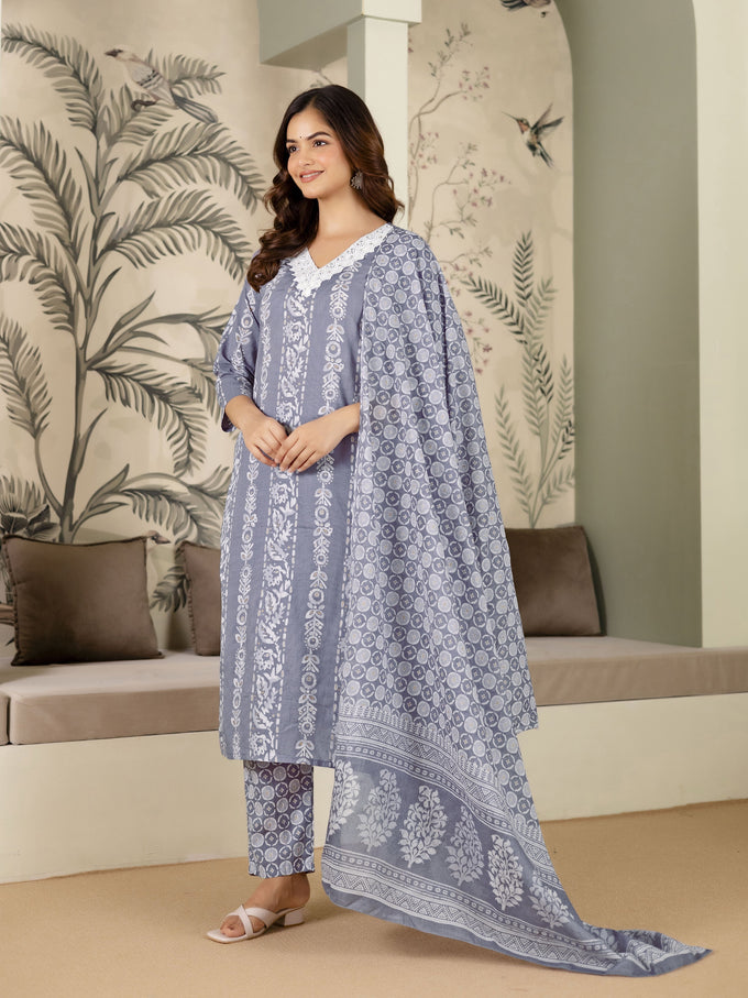 Grey Pure Cotton Ethnic Motif Printed Kurta Pant with Dupatta Set For Women's Trendmalls