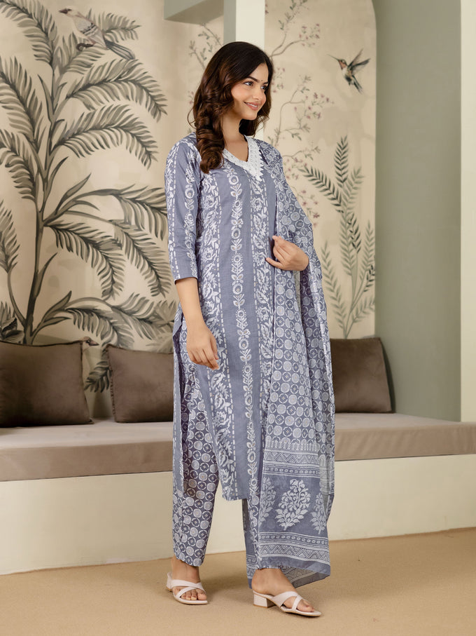 Grey Pure Cotton Ethnic Motif Printed Kurta Pant with Dupatta Set For Women's Trendmalls