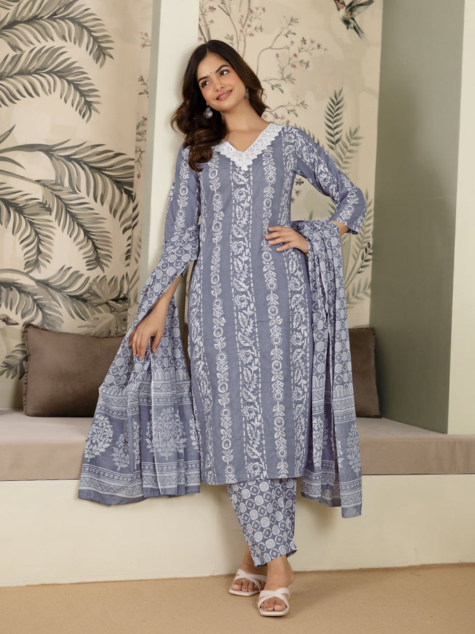 Grey Pure Cotton Ethnic Motif Printed Kurta Pant with Dupatta Set For Women's Trendmalls