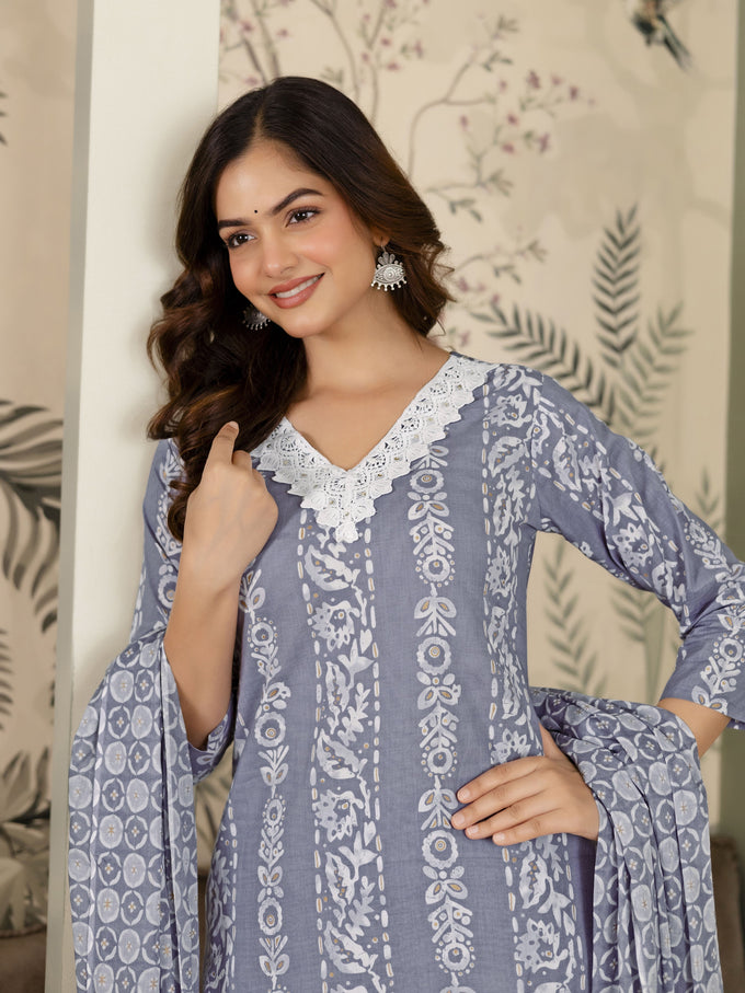 Grey Pure Cotton Ethnic Motif Printed Kurta Pant with Dupatta Set For Women's Trendmalls