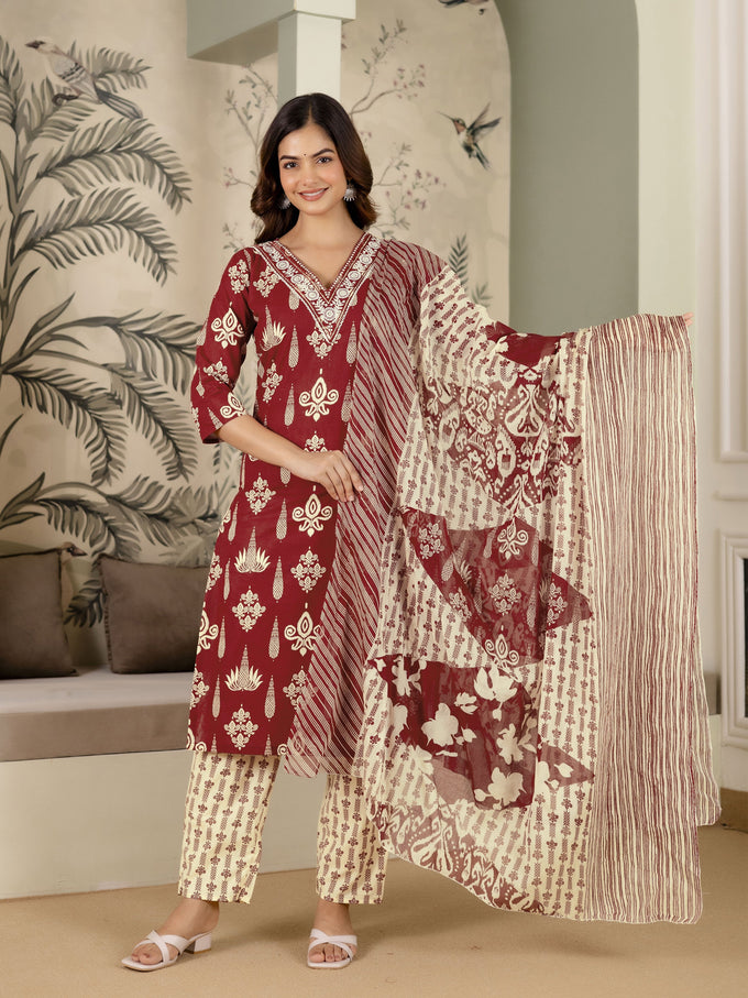 Maroon Pure Cotton Embroidery Work Printed Kurta Pant with Dupatta Set For Women's Trendmalls