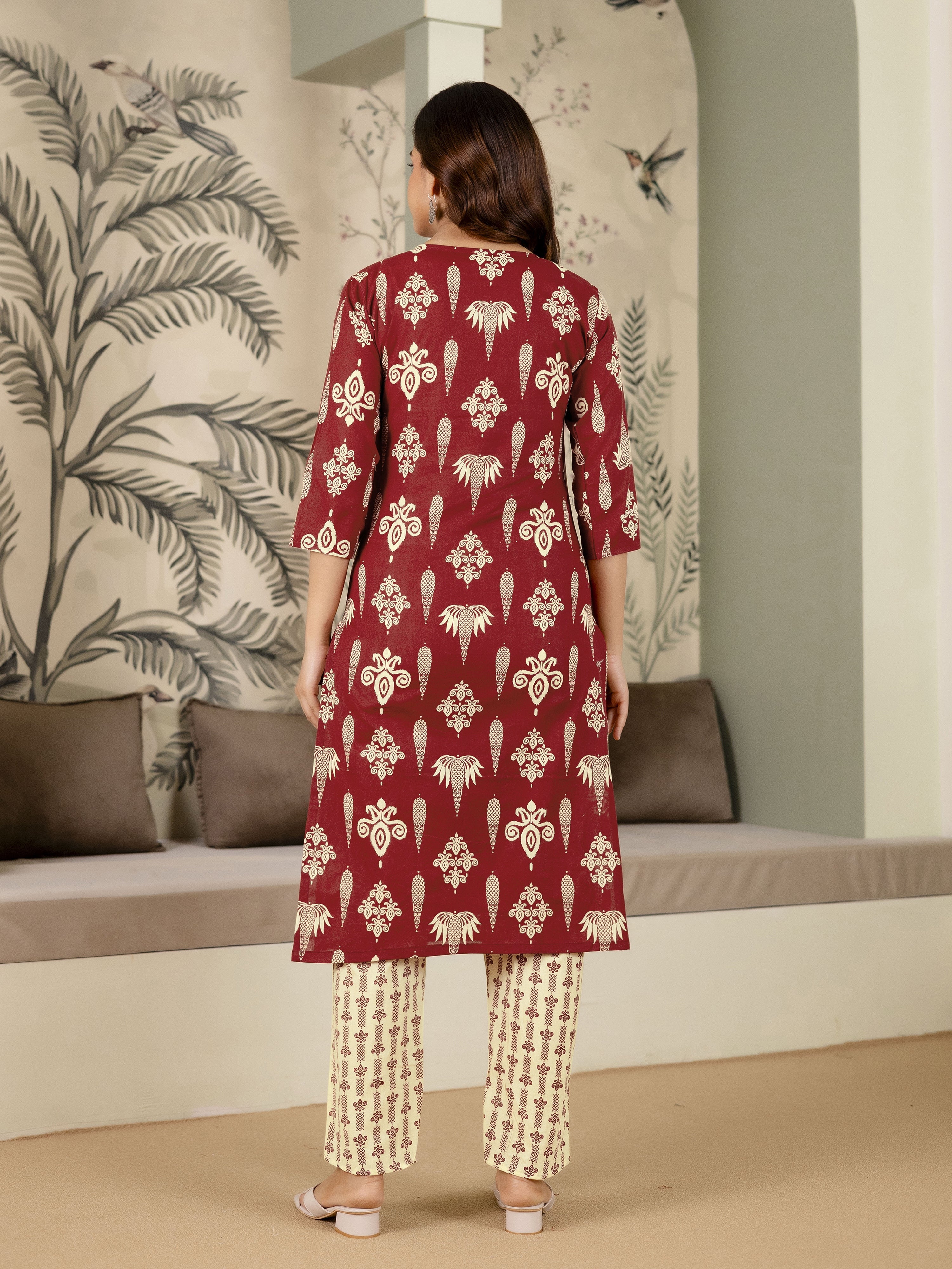 Maroon Pure Cotton Embroidery Work Printed Kurta Pant with Dupatta Set For Women's Trendmalls