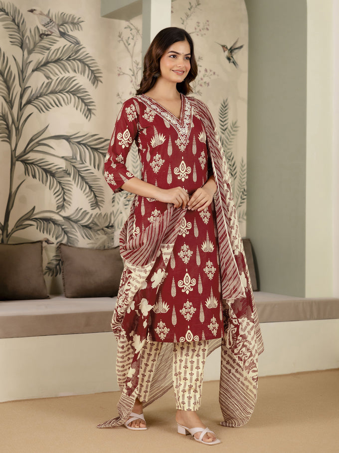 Maroon Pure Cotton Embroidery Work Printed Kurta Pant with Dupatta Set For Women's Trendmalls