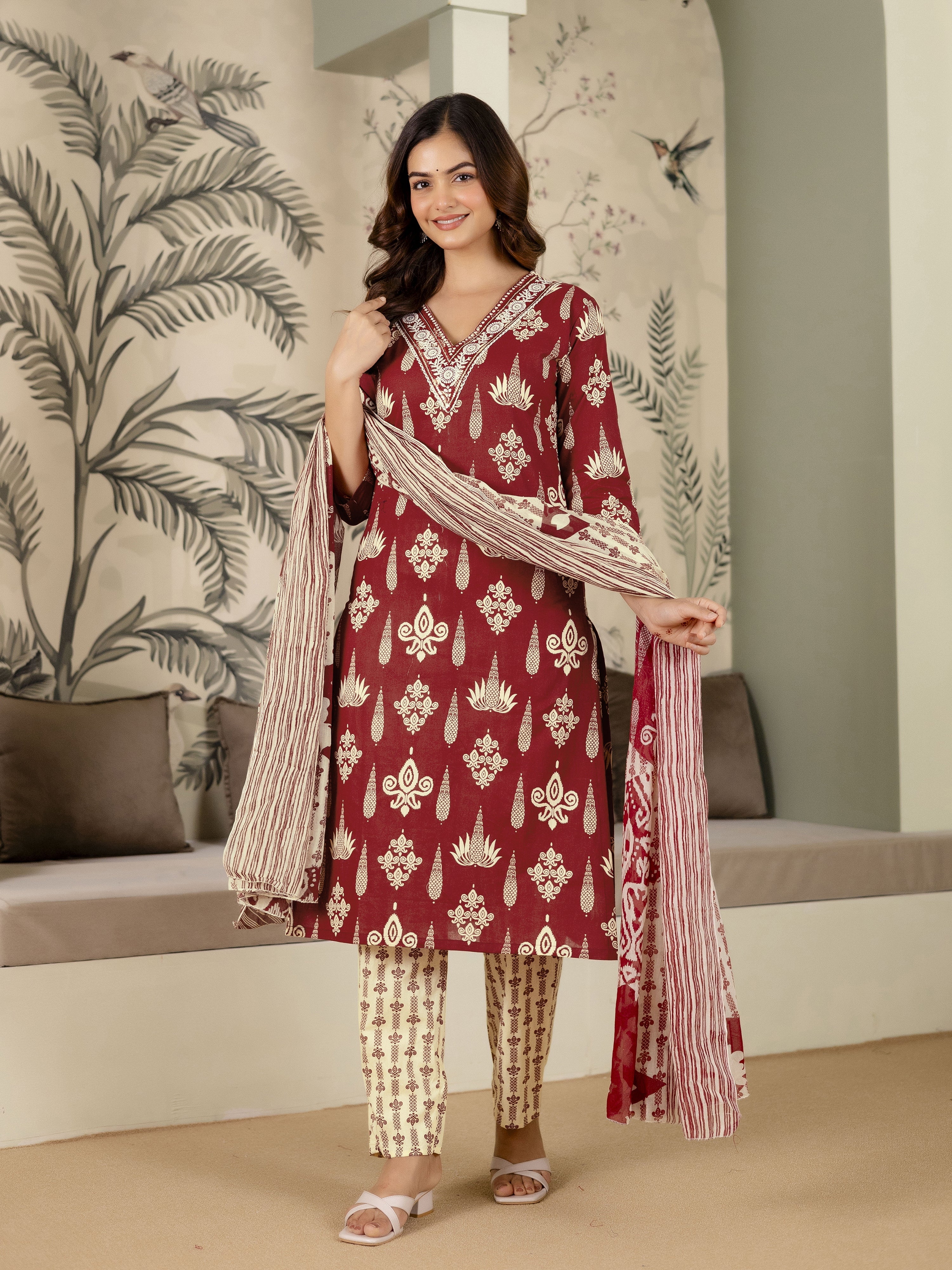Maroon Pure Cotton Embroidery Work Printed Kurta Pant with Dupatta Set For Women's Trendmalls