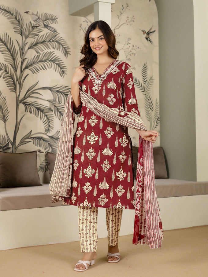 Maroon Pure Cotton Embroidery Work Printed Kurta Pant with Dupatta Set For Women's Trendmalls