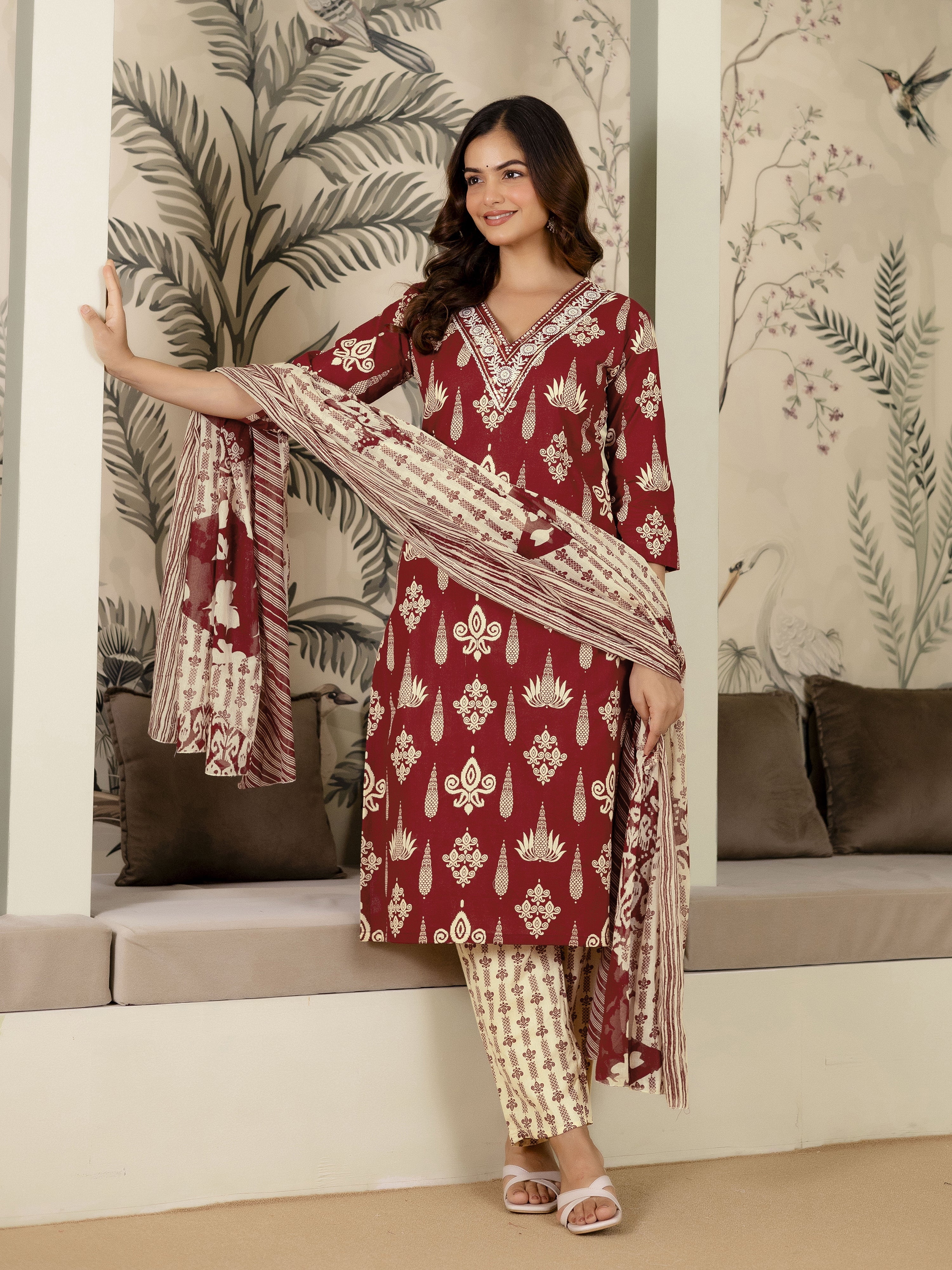 Maroon Pure Cotton Embroidery Work Printed Kurta Pant with Dupatta Set For Women's Trendmalls