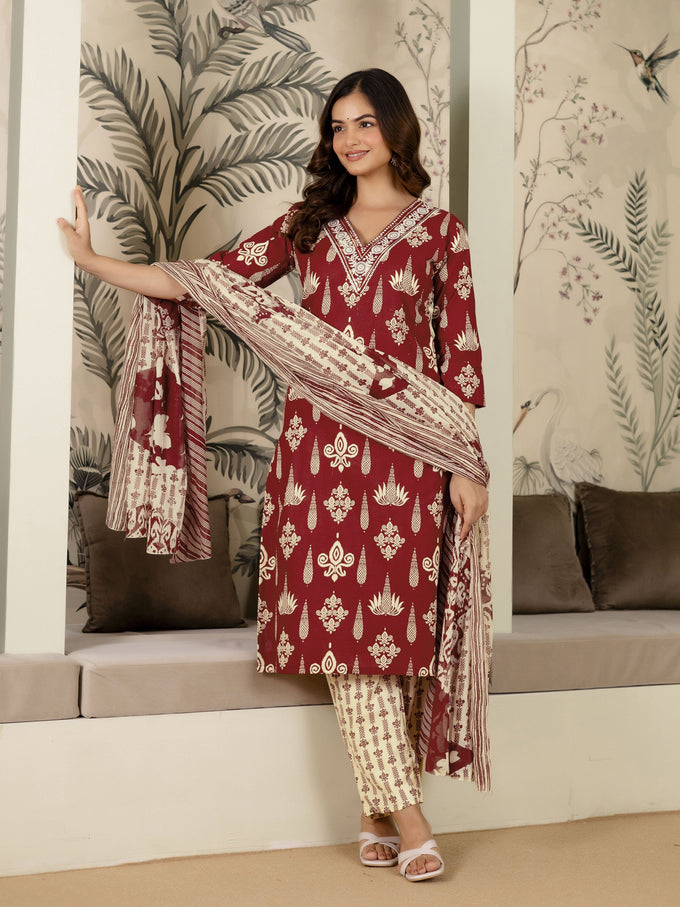 Maroon Pure Cotton Embroidery Work Printed Kurta Pant with Dupatta Set For Women's Trendmalls