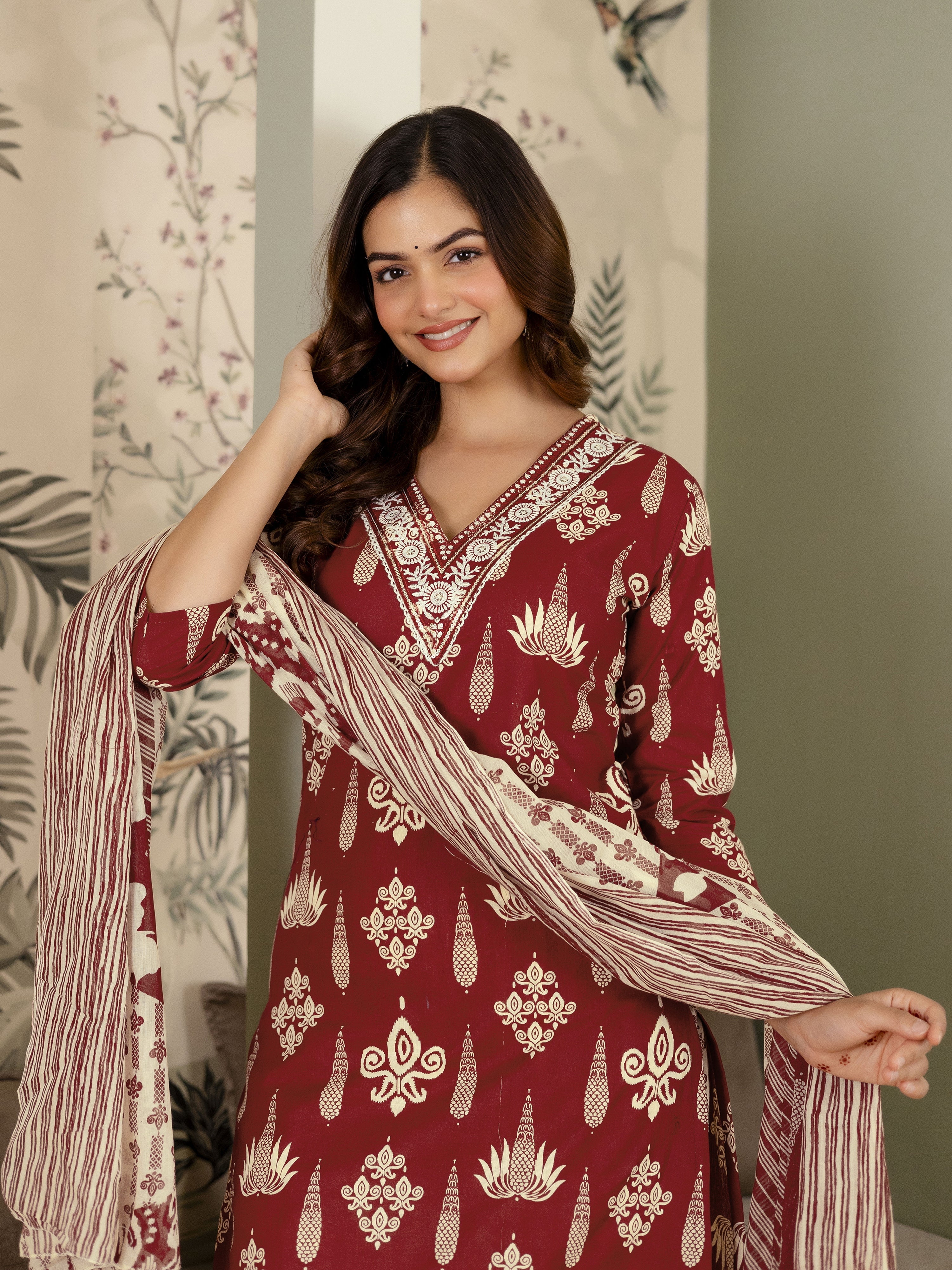 Maroon Pure Cotton Embroidery Work Printed Kurta Pant with Dupatta Set For Women's Trendmalls