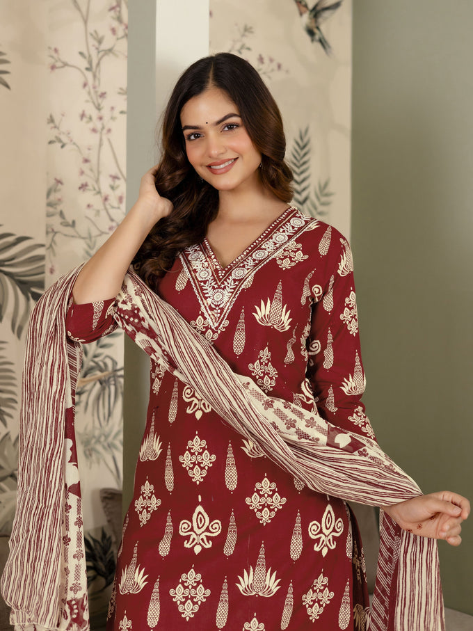 Maroon Pure Cotton Embroidery Work Printed Kurta Pant with Dupatta Set For Women's Trendmalls