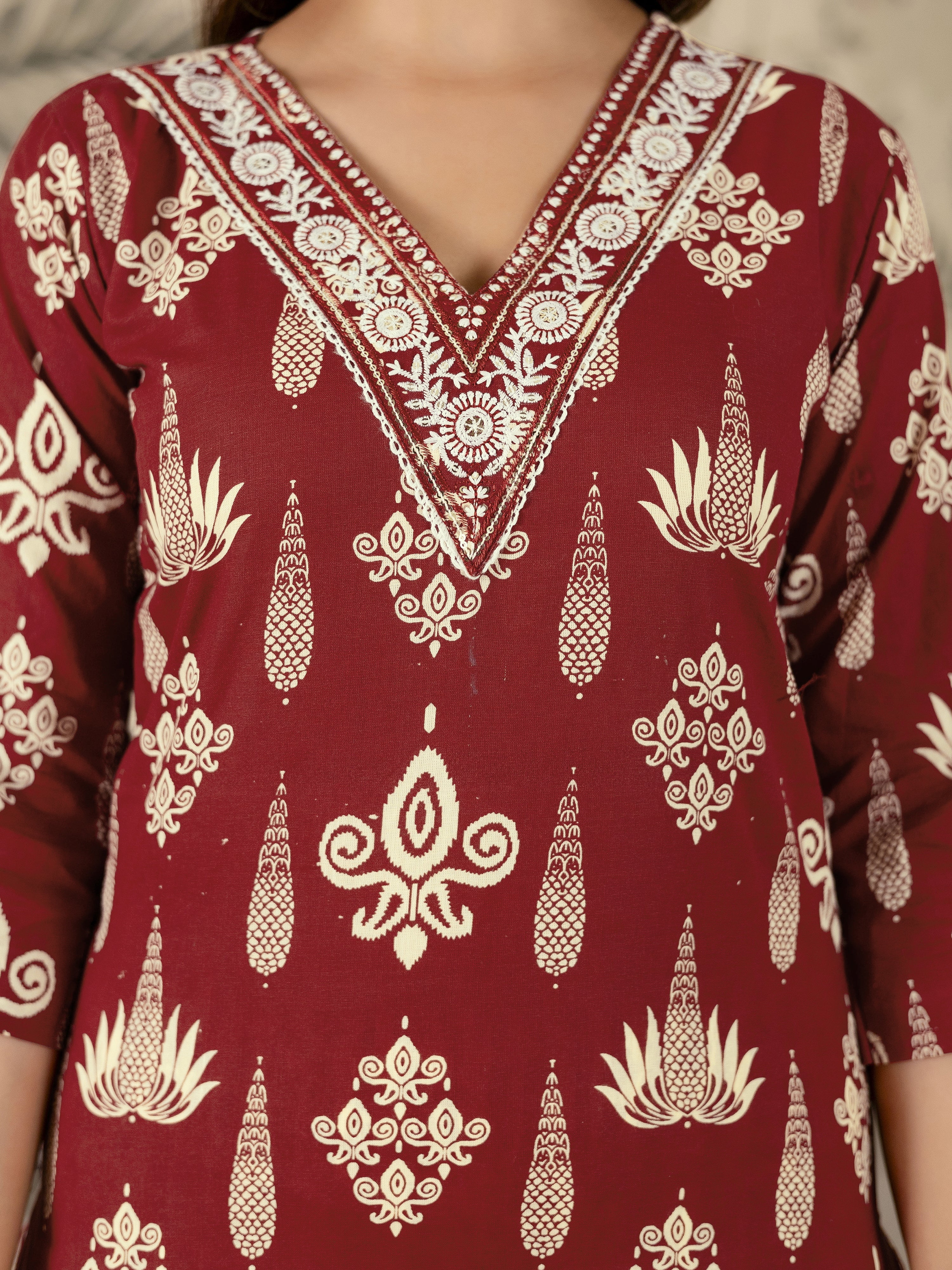 Maroon Pure Cotton Embroidery Work Printed Kurta Pant with Dupatta Set For Women's Trendmalls