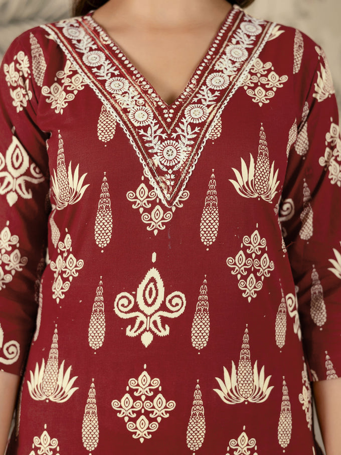 Maroon Pure Cotton Embroidery Work Printed Kurta Pant with Dupatta Set For Women's Trendmalls