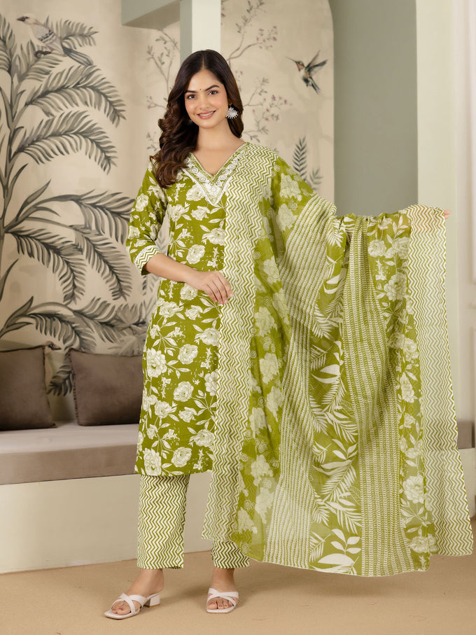 Green Pure Cotton Embroidery Work Printed Kurta Pant with Dupatta Set For Women's Trendmalls