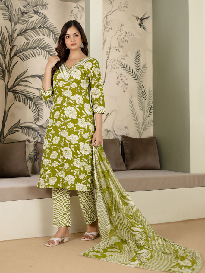Green Pure Cotton Embroidery Work Printed Kurta Pant with Dupatta Set For Women's Trendmalls