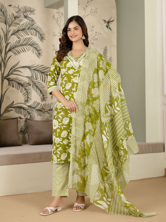 Green Pure Cotton Embroidery Work Printed Kurta Pant with Dupatta Set For Women's Trendmalls
