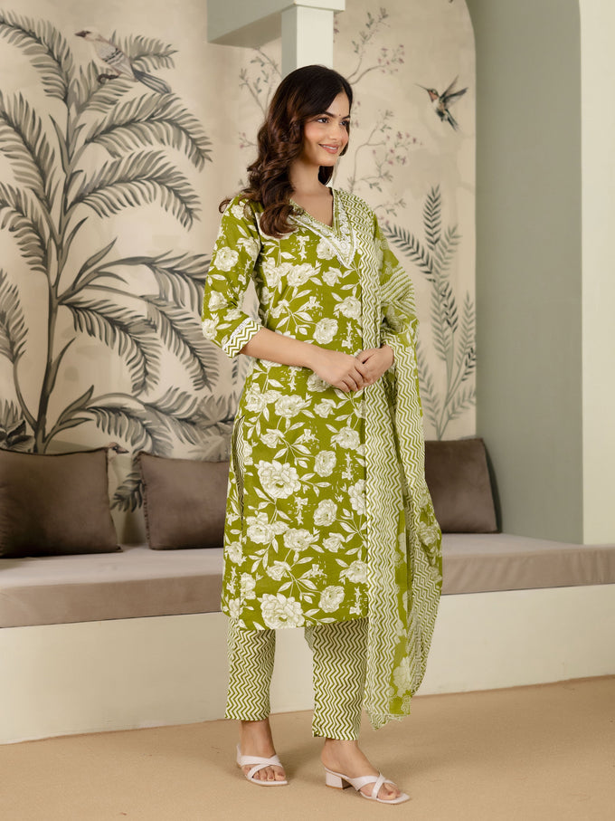 Green Pure Cotton Embroidery Work Printed Kurta Pant with Dupatta Set For Women's Trendmalls