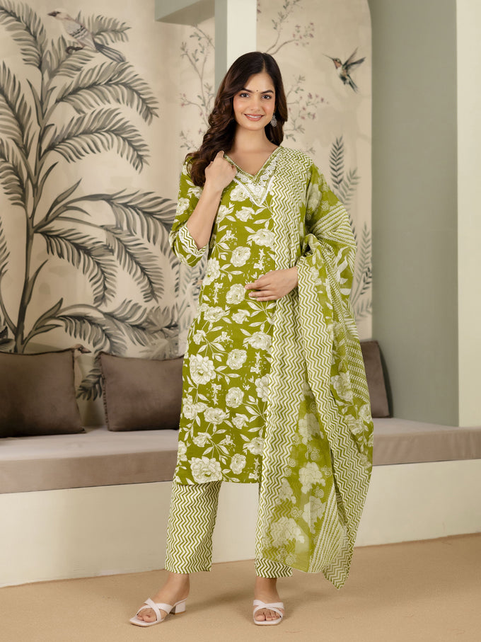 Green Pure Cotton Embroidery Work Printed Kurta Pant with Dupatta Set For Women's Trendmalls