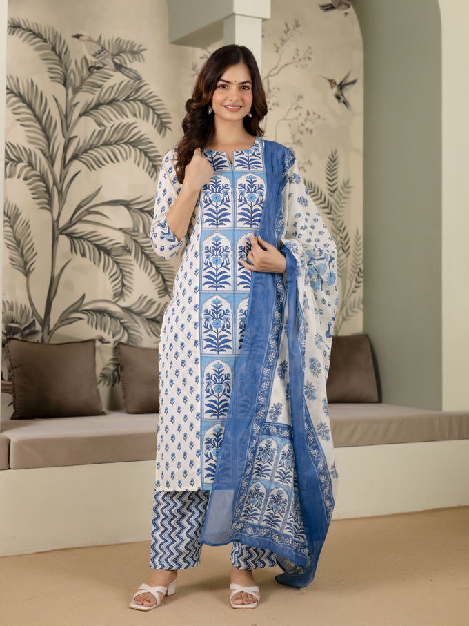 SkyBlue Pure Cotton Mughal-inspired Jaipuri Handblock Print Kurta Pant with Dupatta Set Trendmalls