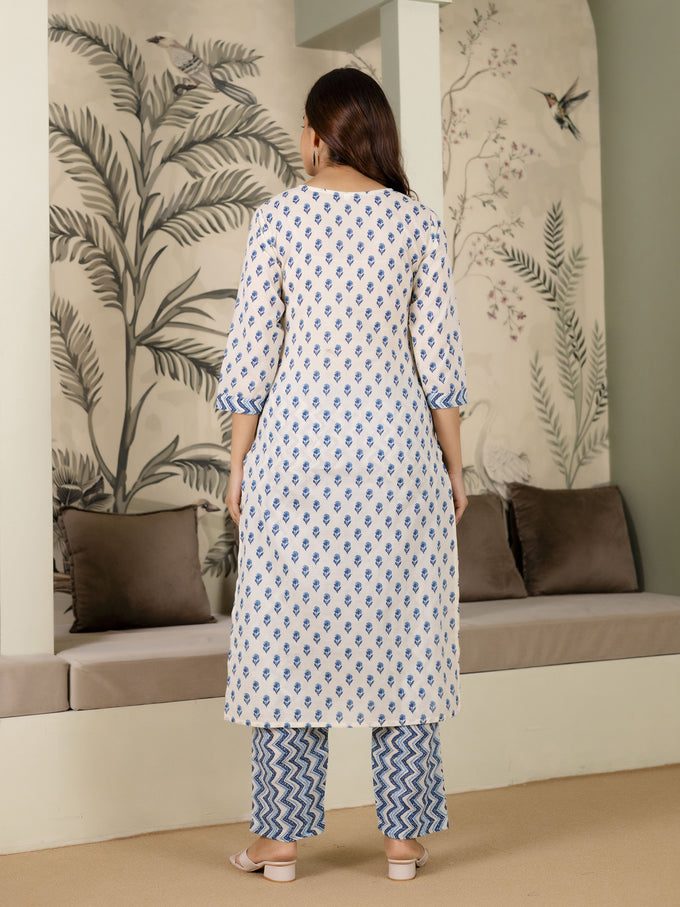 SkyBlue Pure Cotton Mughal-inspired Jaipuri Handblock Print Kurta Pant with Dupatta Set Trendmalls
