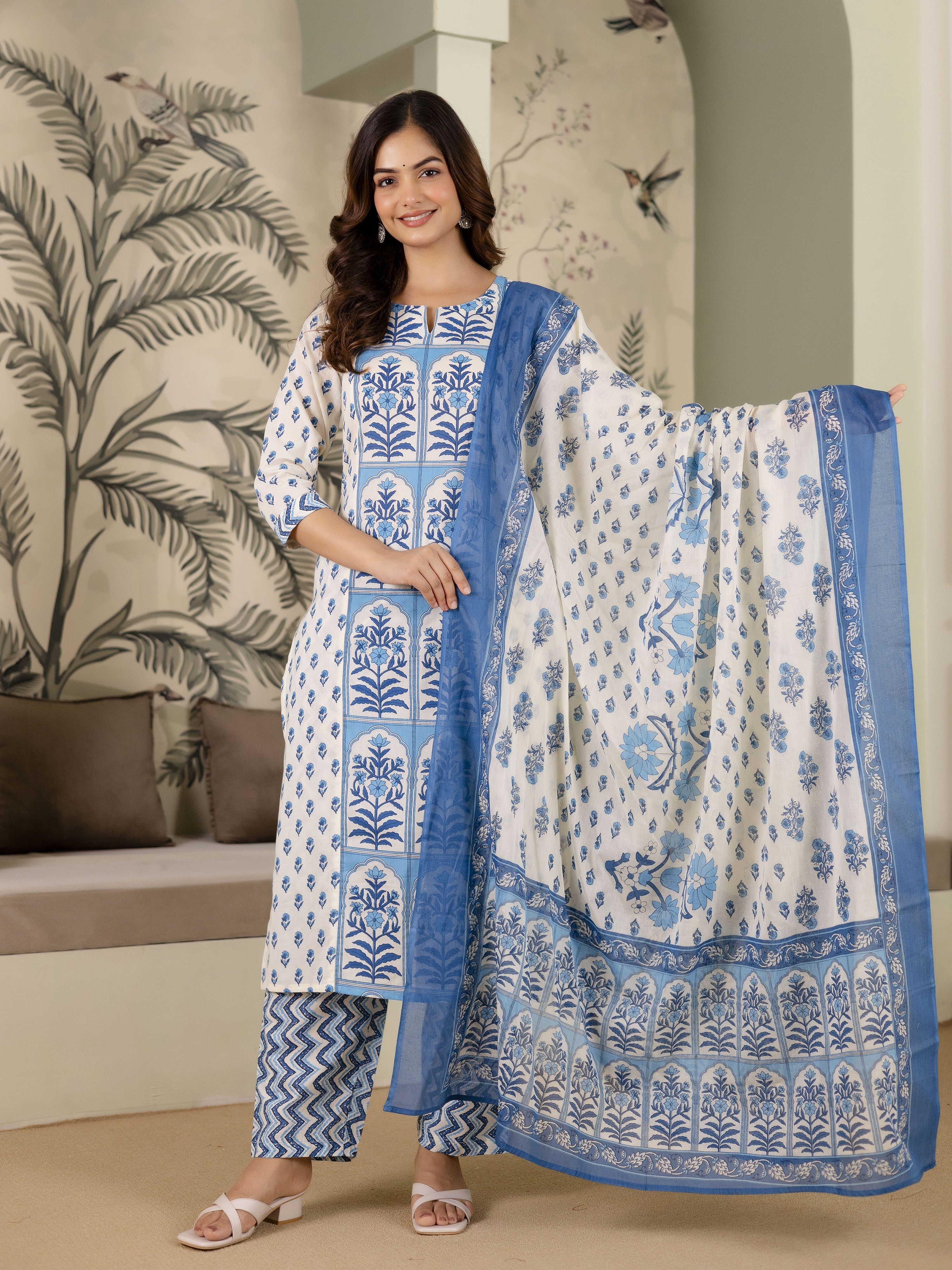 SkyBlue Pure Cotton Mughal-inspired Jaipuri Handblock Print Kurta Pant with Dupatta Set Trendmalls