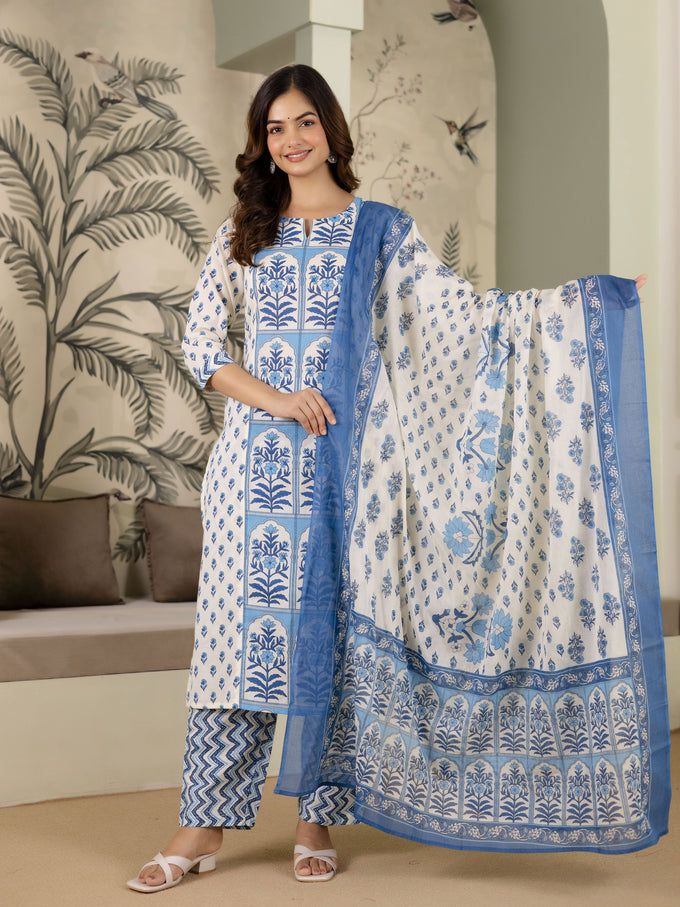 SkyBlue Pure Cotton Mughal-inspired Jaipuri Handblock Print Kurta Pant with Dupatta Set Trendmalls