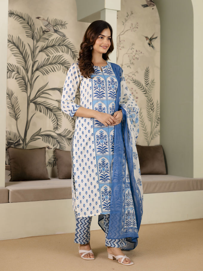 SkyBlue Pure Cotton Mughal-inspired Jaipuri Handblock Print Kurta Pant with Dupatta Set Trendmalls