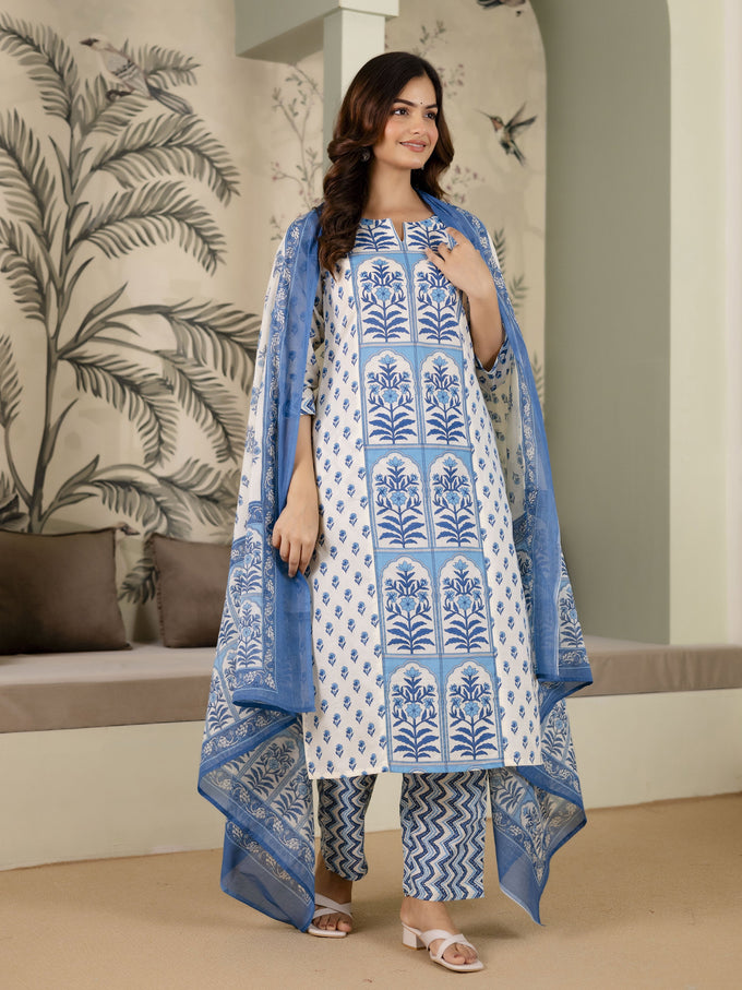 SkyBlue Pure Cotton Mughal-inspired Jaipuri Handblock Print Kurta Pant with Dupatta Set Trendmalls