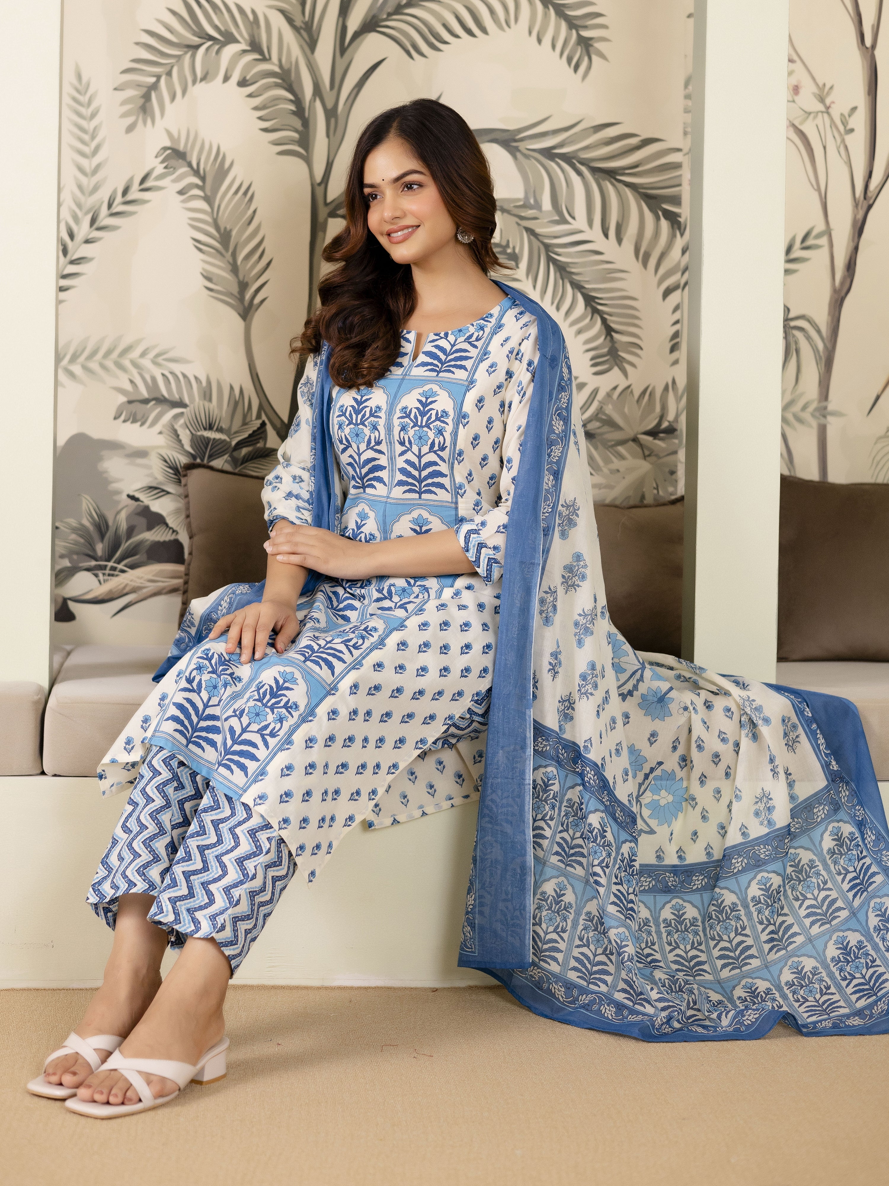 SkyBlue Pure Cotton Mughal-inspired Jaipuri Handblock Print Kurta Pant with Dupatta Set Trendmalls