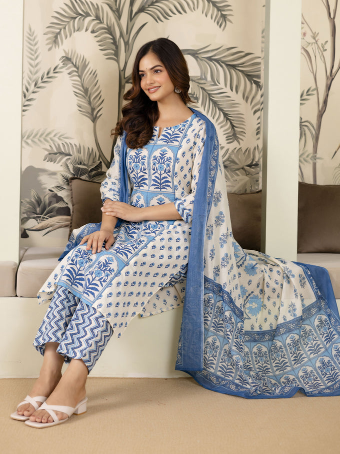 SkyBlue Pure Cotton Mughal-inspired Jaipuri Handblock Print Kurta Pant with Dupatta Set Trendmalls
