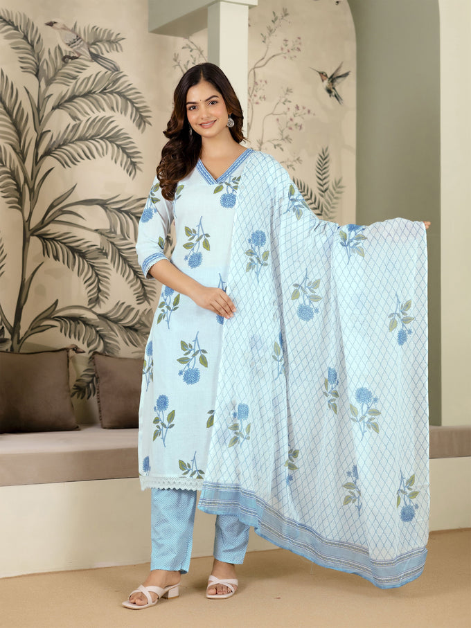White Pure Cotton Floral Printed Kurta Pant with Dupatta Set For Women's Trendmalls