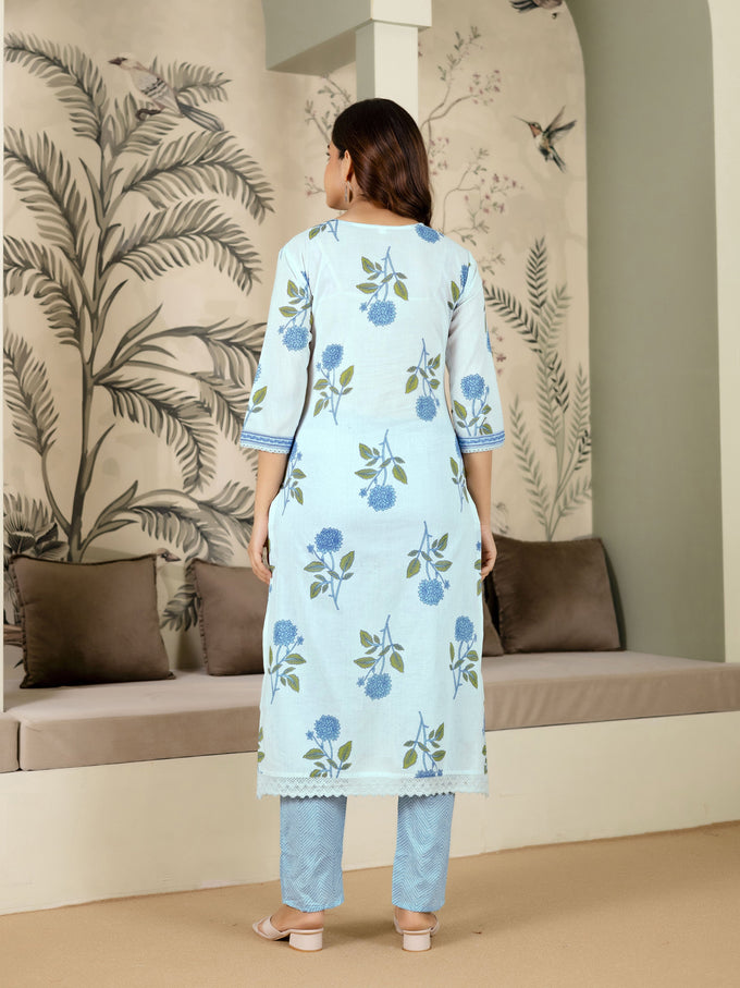 White Pure Cotton Floral Printed Kurta Pant with Dupatta Set For Women's Trendmalls