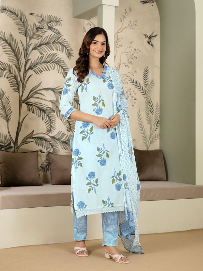 White Pure Cotton Floral Printed Kurta Pant with Dupatta Set For Women's Trendmalls