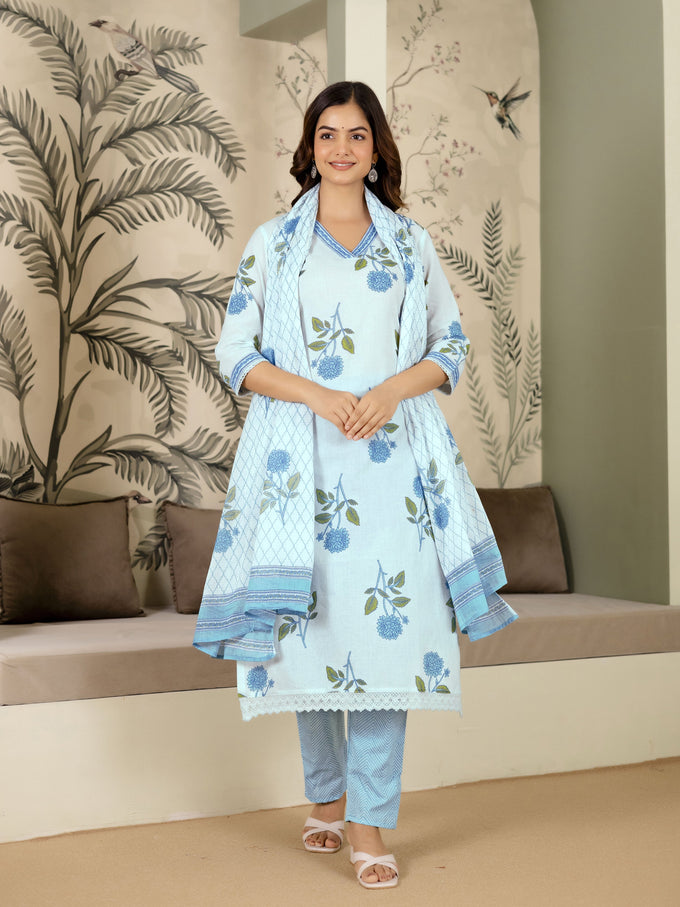 White Pure Cotton Floral Printed Kurta Pant with Dupatta Set For Women's Trendmalls