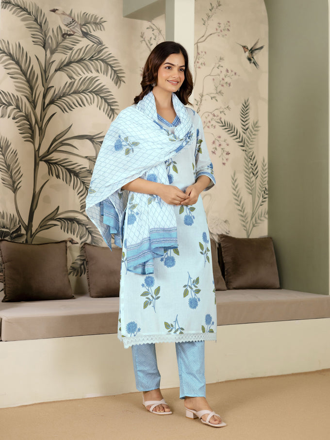 White Pure Cotton Floral Printed Kurta Pant with Dupatta Set For Women's Trendmalls