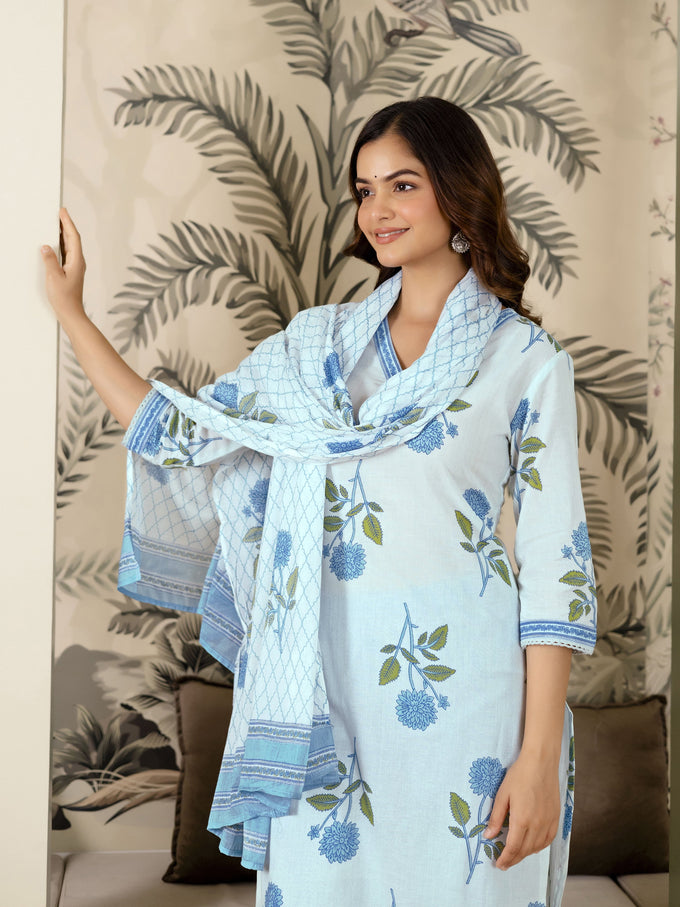 White Pure Cotton Floral Printed Kurta Pant with Dupatta Set For Women's Trendmalls