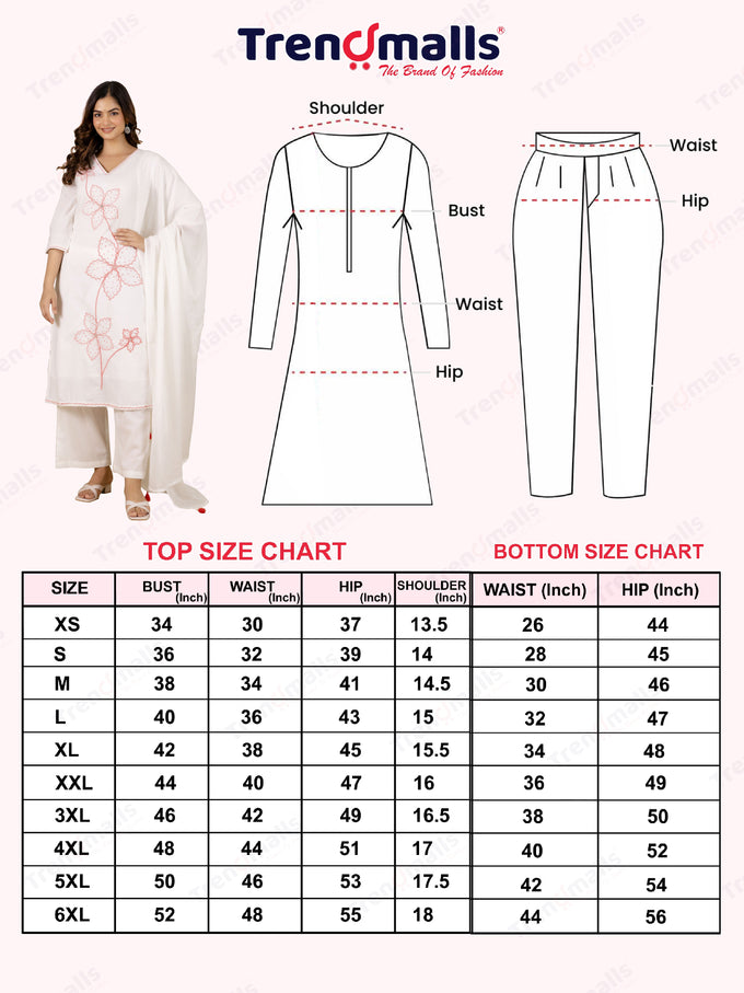 White Pure Cotton Floral Embroidery Kurta Pant with Dupatta Set Trendmalls