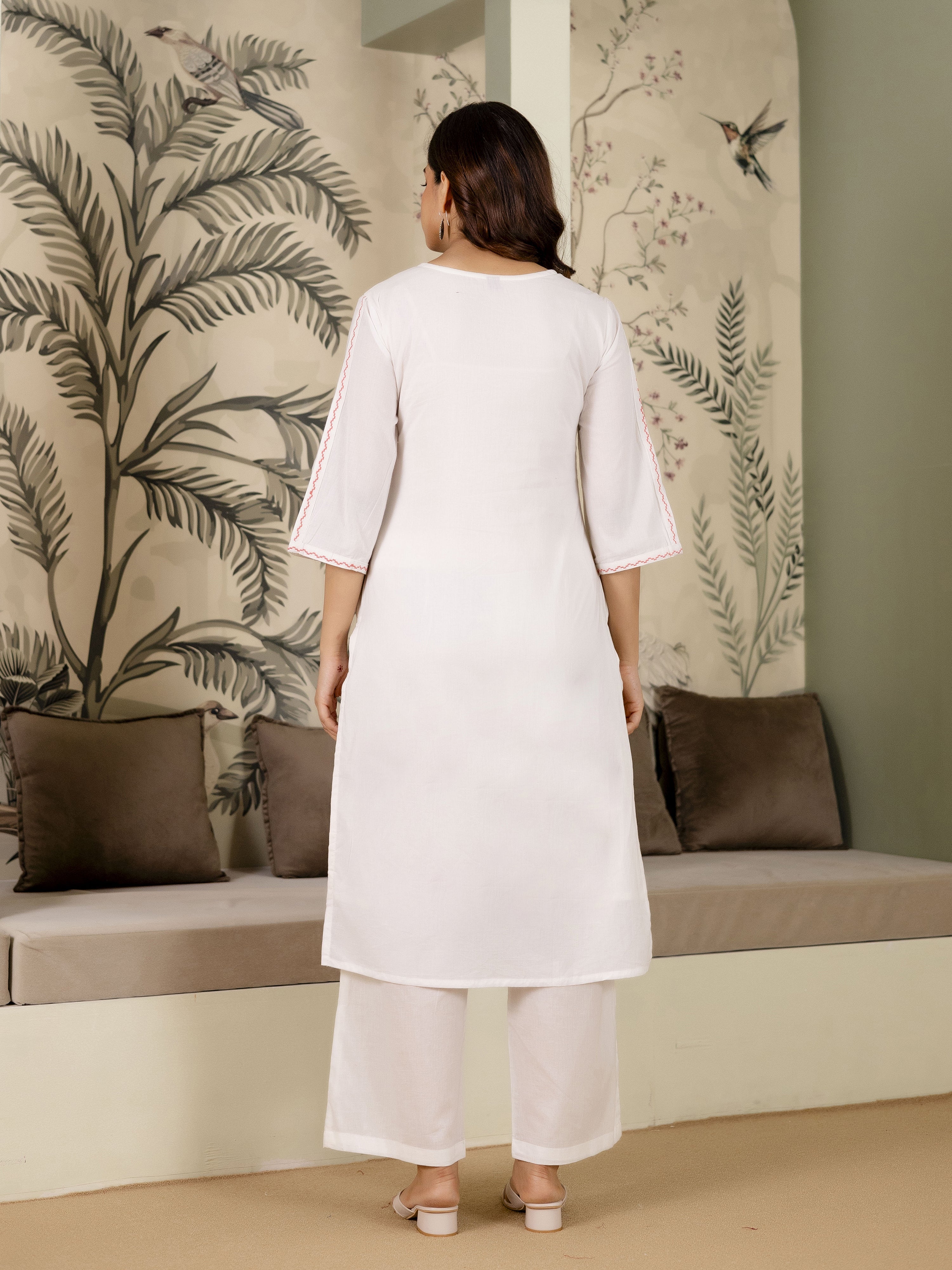 White Pure Cotton Floral Embroidery Kurta Pant with Dupatta Set Trendmalls
