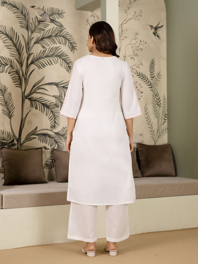 White Pure Cotton Floral Embroidery Kurta Pant with Dupatta Set Trendmalls