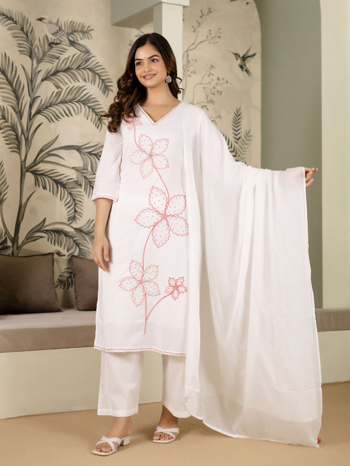 White Pure Cotton Floral Embroidery Kurta Pant with Dupatta Set Trendmalls
