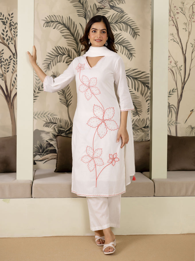 White Pure Cotton Floral Embroidery Kurta Pant with Dupatta Set Trendmalls