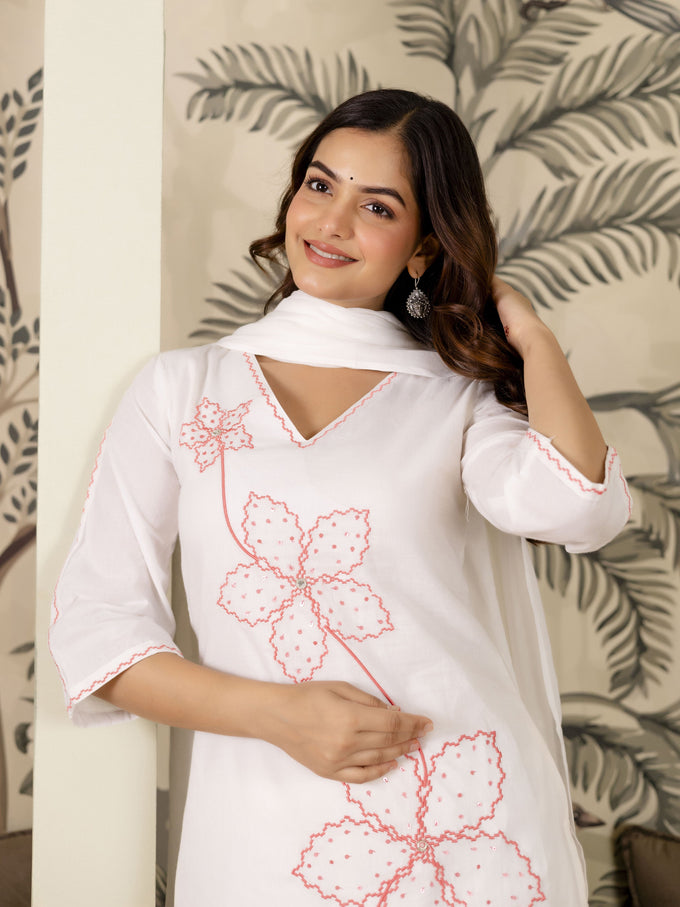 White Pure Cotton Floral Embroidery Kurta Pant with Dupatta Set Trendmalls