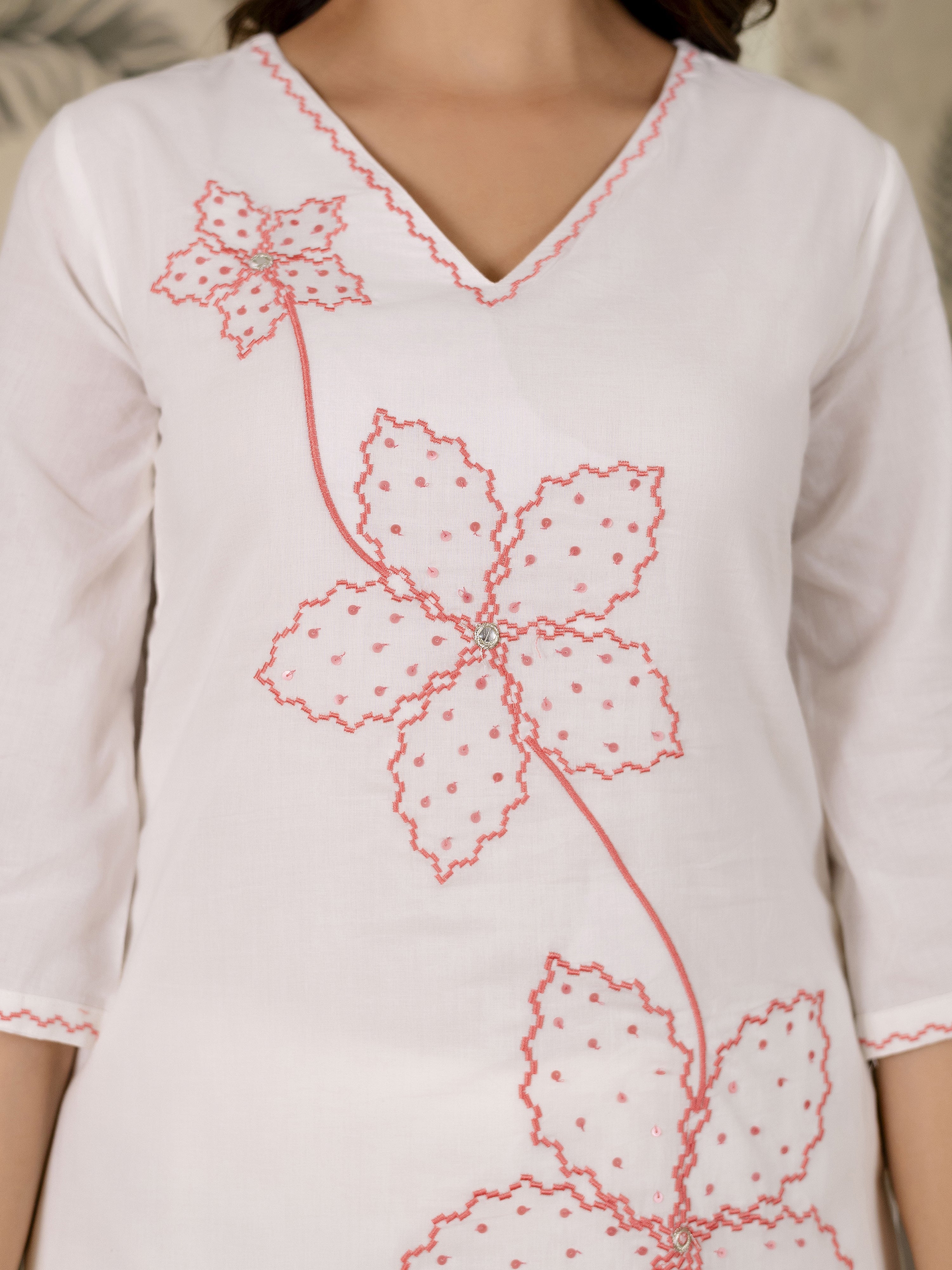 White Pure Cotton Floral Embroidery Kurta Pant with Dupatta Set Trendmalls
