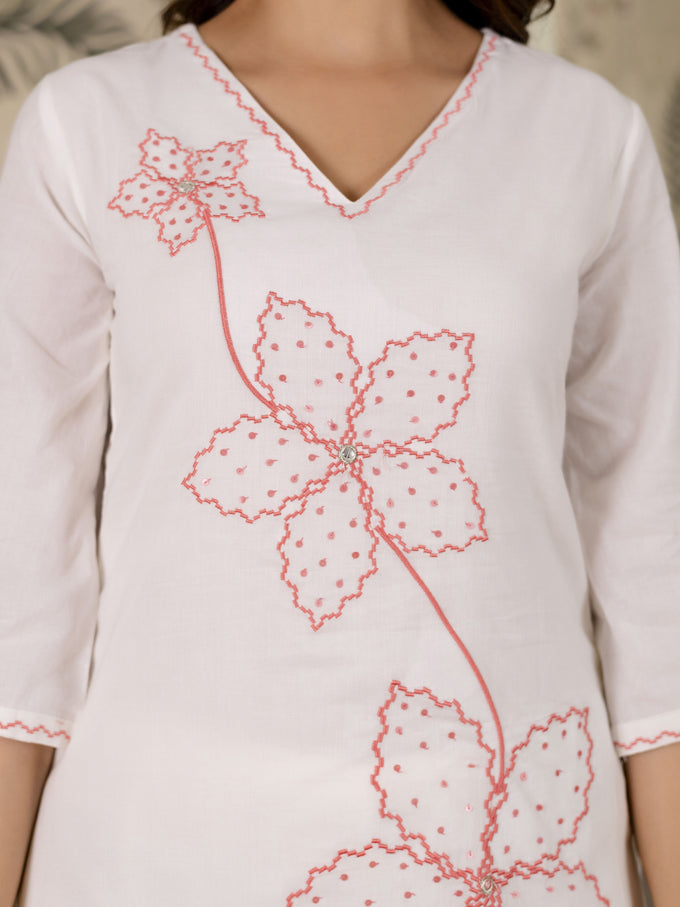 White Pure Cotton Floral Embroidery Kurta Pant with Dupatta Set Trendmalls