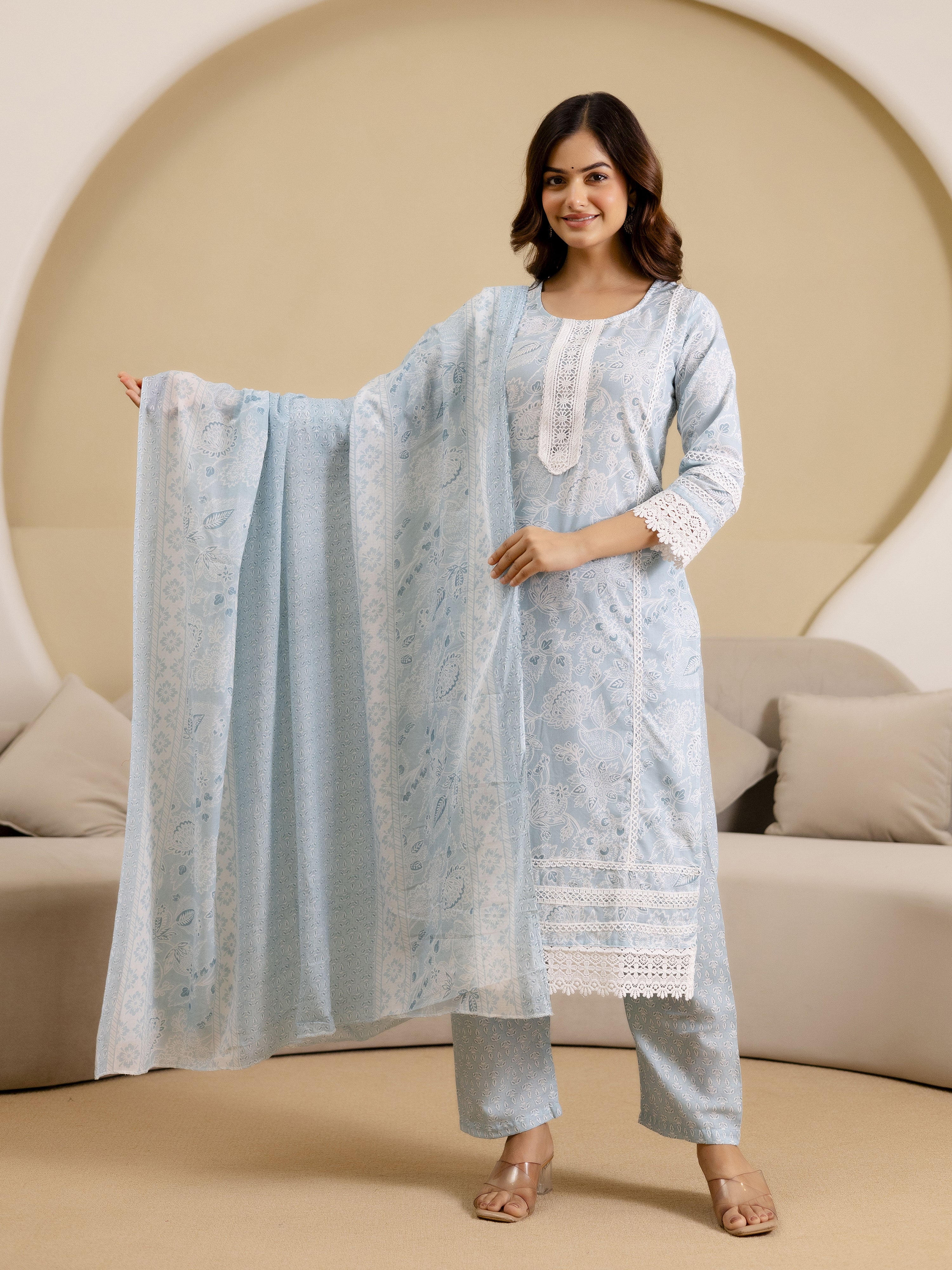 Skyblue Pure Cotton Paisley & Floral All-Over Print Kurta Pant with Dupatta Set Trendmalls