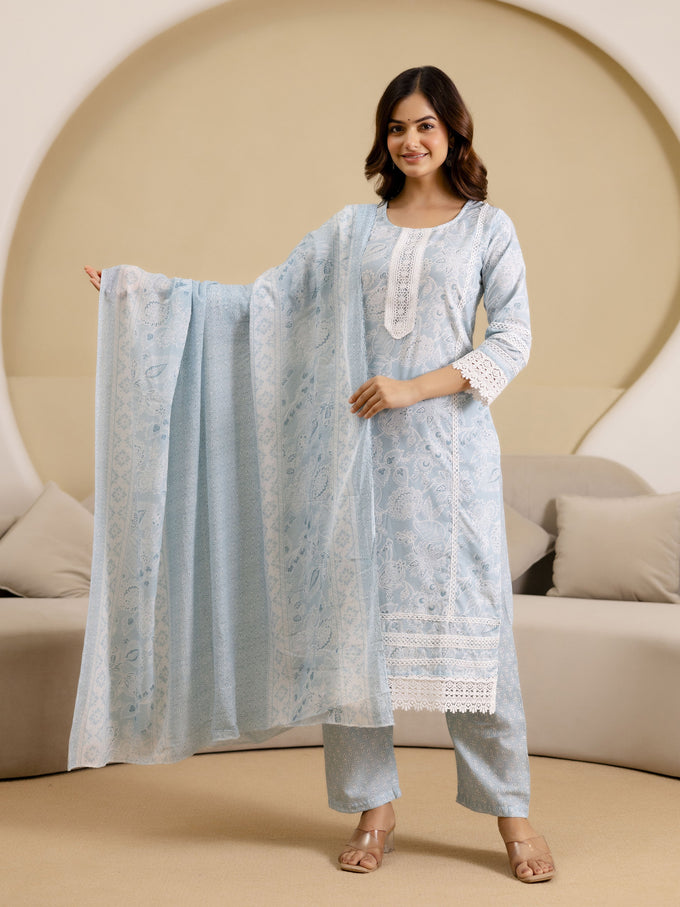 Skyblue Pure Cotton Paisley & Floral All-Over Print Kurta Pant with Dupatta Set Trendmalls
