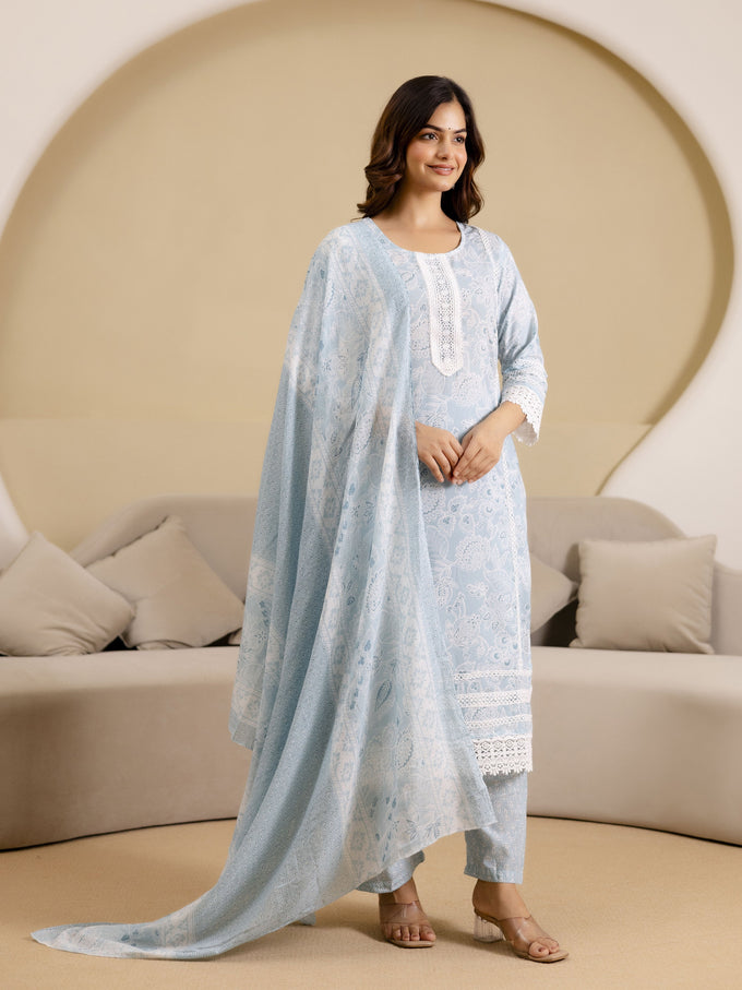 Skyblue Pure Cotton Paisley & Floral All-Over Print Kurta Pant with Dupatta Set Trendmalls