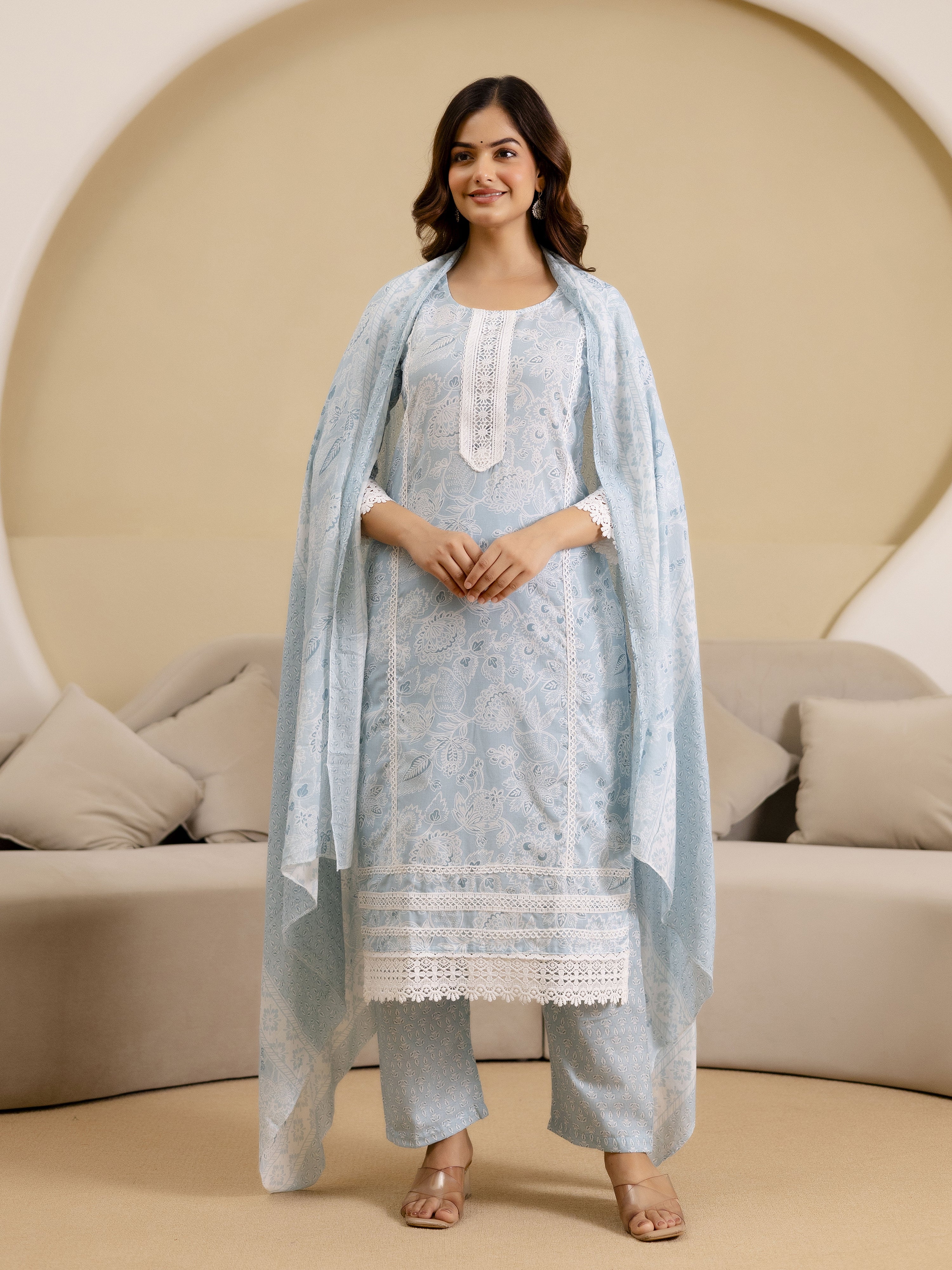 Skyblue Pure Cotton Paisley & Floral All-Over Print Kurta Pant with Dupatta Set Trendmalls