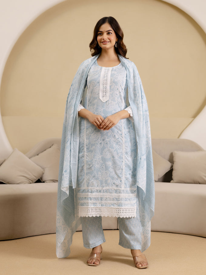 Skyblue Pure Cotton Paisley & Floral All-Over Print Kurta Pant with Dupatta Set Trendmalls
