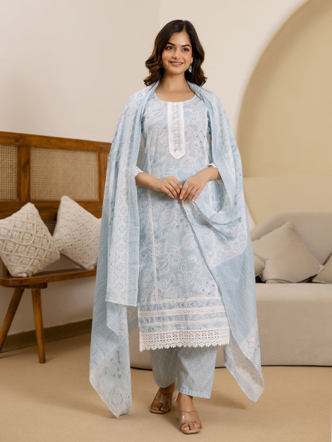 Skyblue Pure Cotton Paisley & Floral All-Over Print Kurta Pant with Dupatta Set Trendmalls